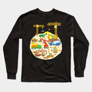 Construction Vehicle Design with Trucks Digger Bulldozer Cranes Long Sleeve T-Shirt